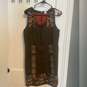 Anthropologie Embroidered olive shift Dress